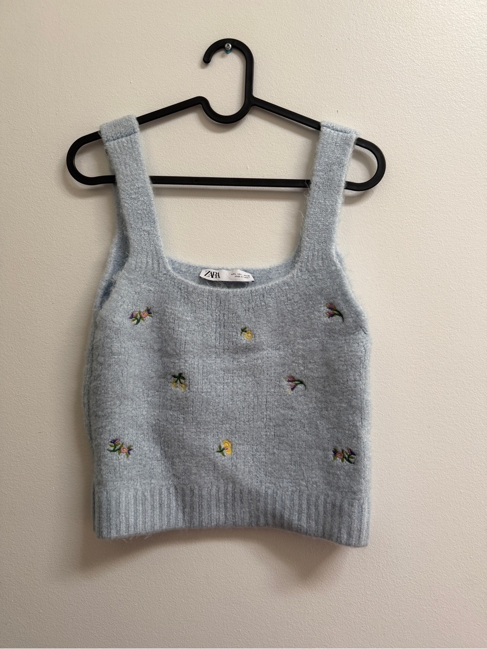 Zara Women's Floral Embroidered Sweater Tank Knit Top in Light Blue